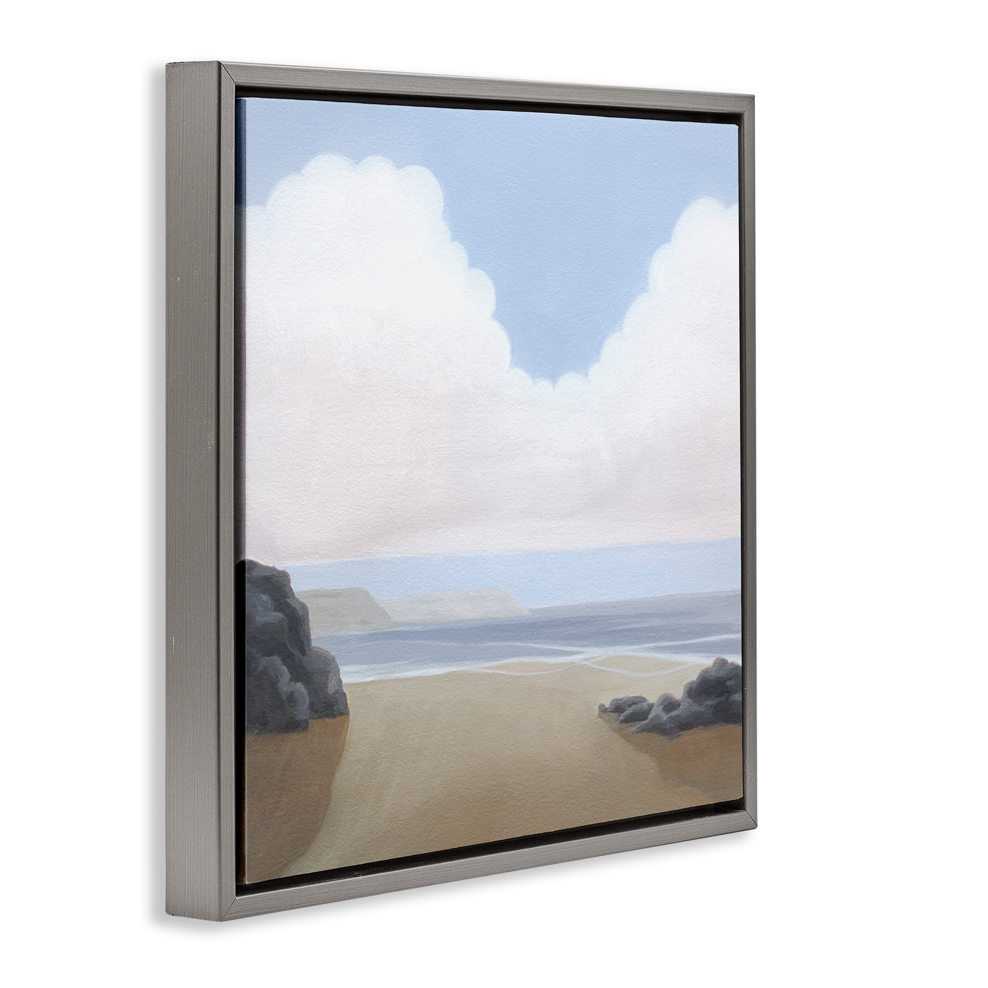 Stupell Industries Fluffy Clouds Over Beach Landscape Painting Gray Floater Framed Canvas Art Print Wall Art, 18 x 18