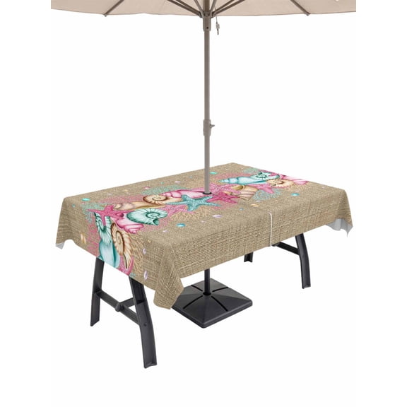 Outdoor Tablecloth with Umbrella Hole and Zipper, Pink Starfish Abstract Rectangle Table Cloth 52x70 Inch Waterproof Tablecloth, Ocean Conch Coastal Coral Picnic Table Cover for Patio Camping