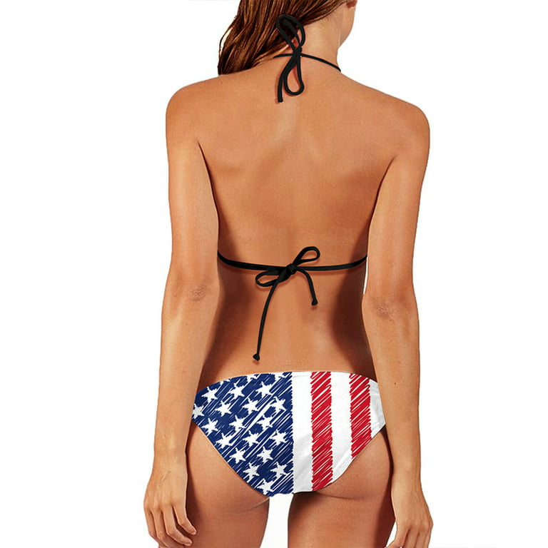 Kamo Women Two Piece Halter Padded Top Tie Side Bottom Triangle Bikini  Bathing Suit American Flag Bikini 