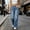 Blue, variant on Women's Baggy Cargo Jeans Button Fly Wide Leg Denim Pants with Side Pockets Loose Fit Streetwear