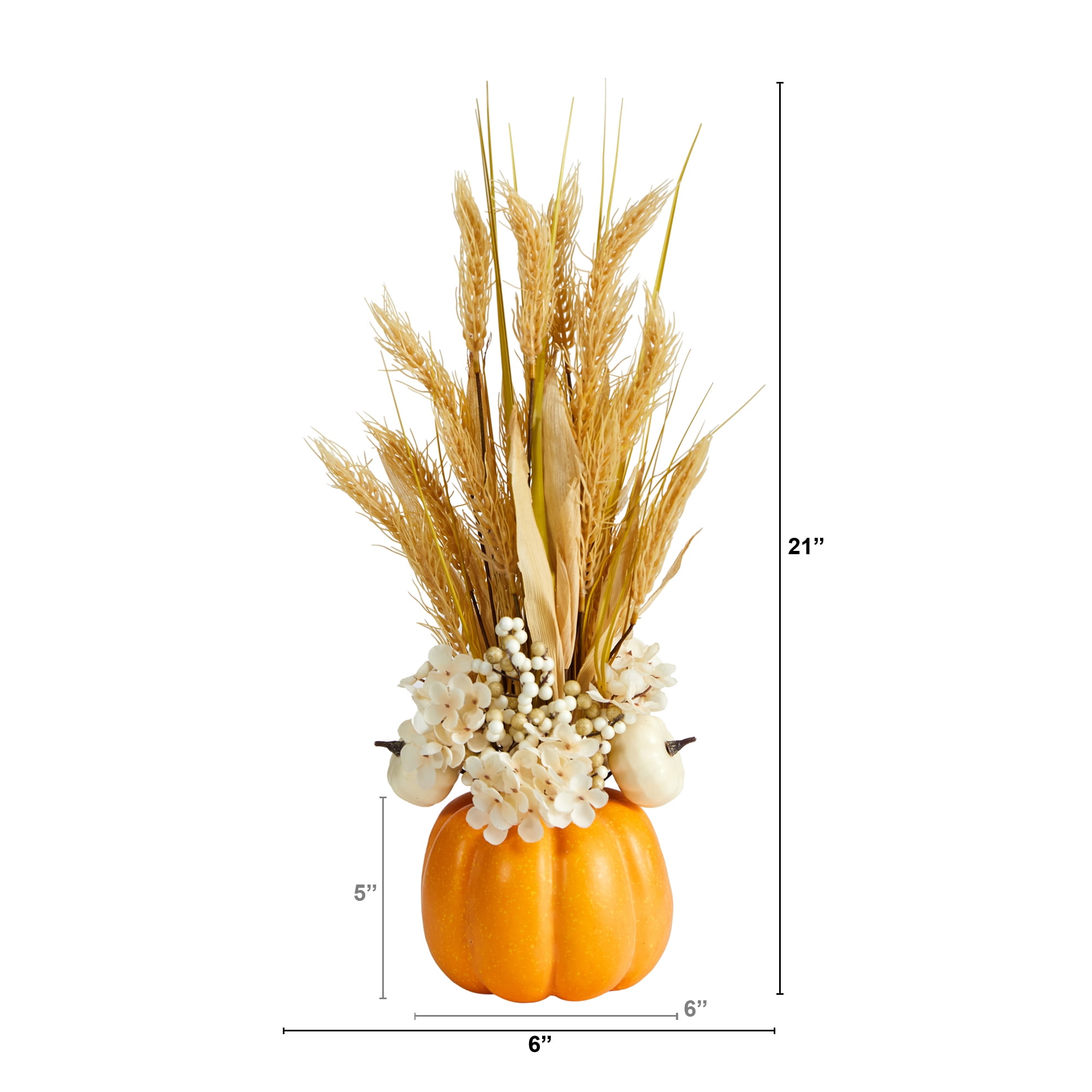 Nearly Natural 21" Autumn Dried Wheat and Pumpkin Artificial Flower Arrangement in Decorative Pumpkin Vase, Orange