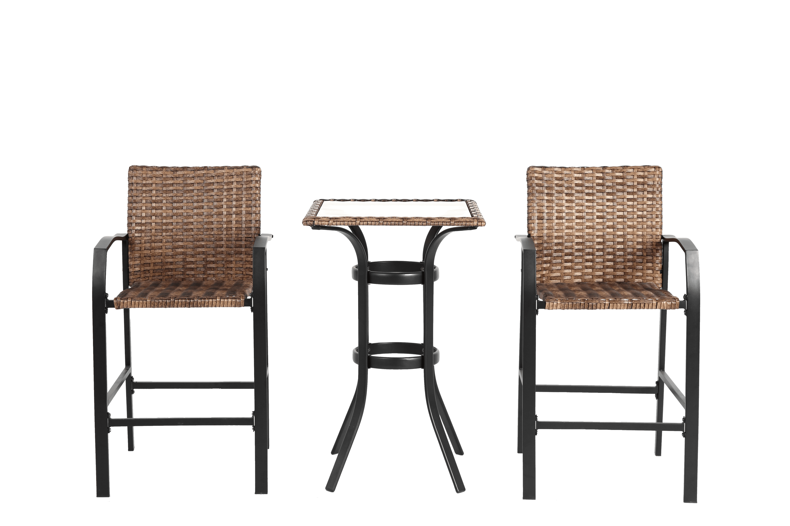 MOONMISS 3-Pieces Outdoor Rattan Bar Stools Set with Glass Top Table for Backyard, Garden, Pool