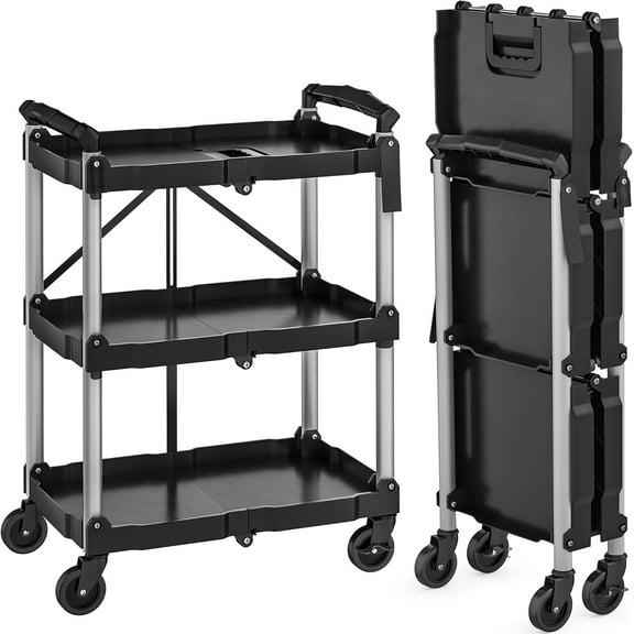SLSRFD 240LBS Folding Utility Cart with Wheels, Foldable Utility Service Cart 3 Tier Collapsible Rolling Cart with 360°Swivel Wheels (2 with Brakes), Portable Cart for Home Garage Restaurant Office