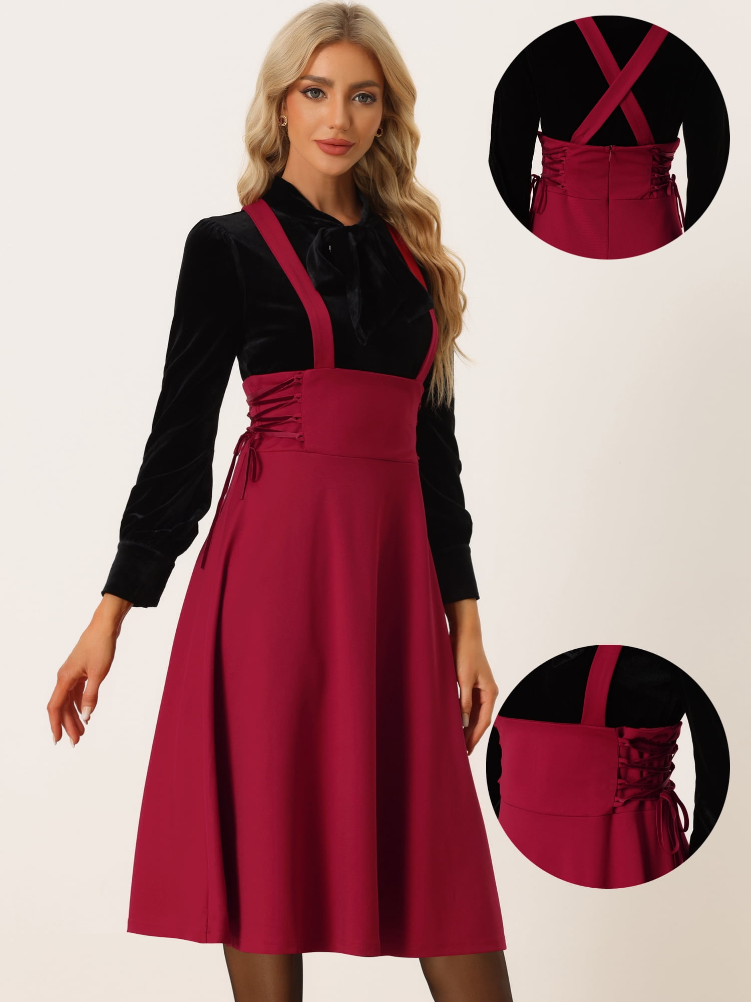 DARING DIVA High Waist Brace Skirts Lace Up Swing Midi Suspender Skirt M Red