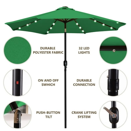 Sun Ray - 9' Round Solar Lighted Umbrella - Emerald Green