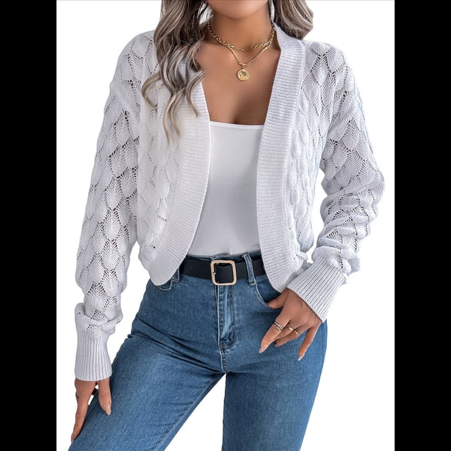 Suéteres Tipo Cárdigan para Mujer, de Crochet, con Frente Abierto, Chaqueta Corta, para Otoño e Invierno, con Mangas Farol. L