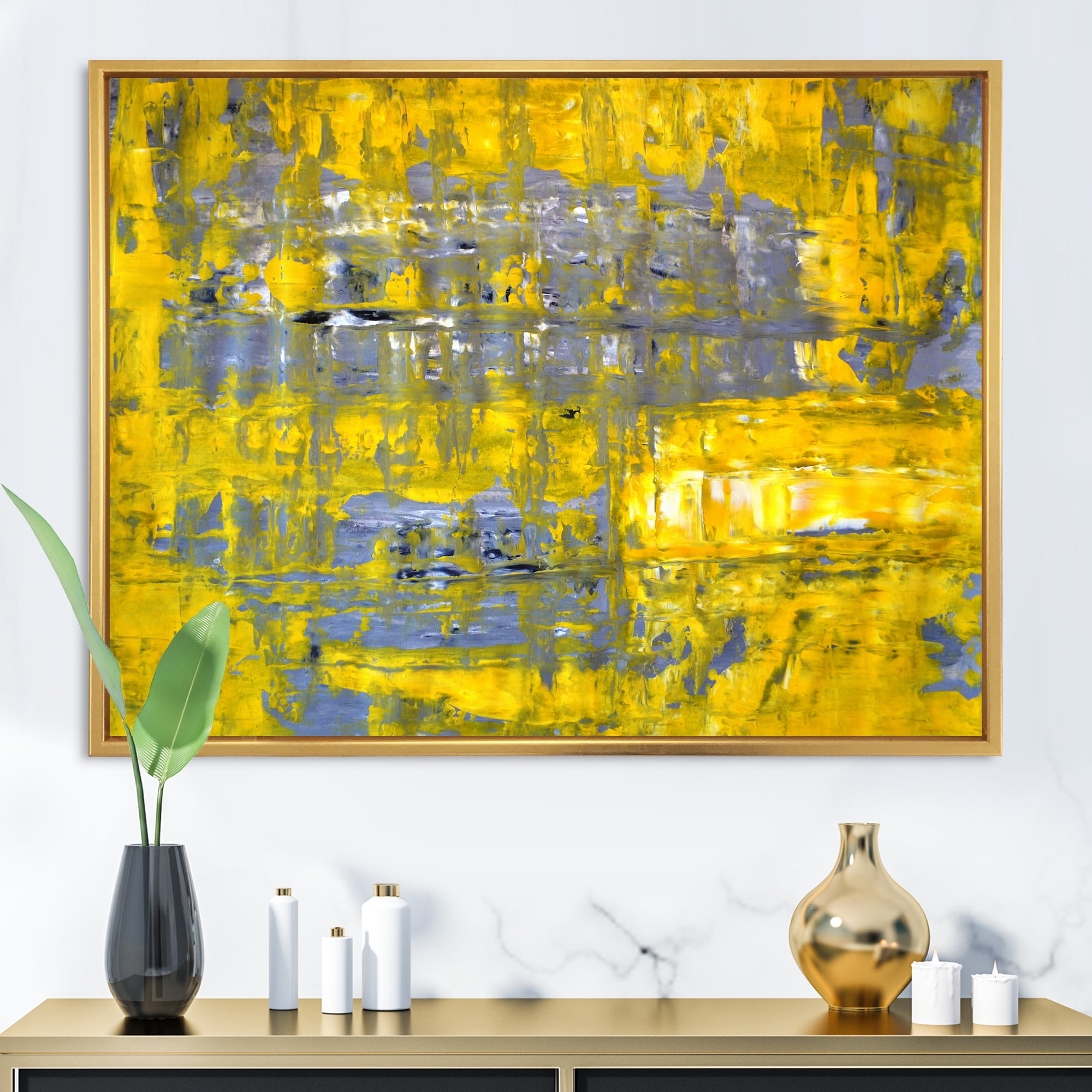 Designart 'Grey Meets Yellow Abstract Art I' Modern Framed Canvas Wall Art Print