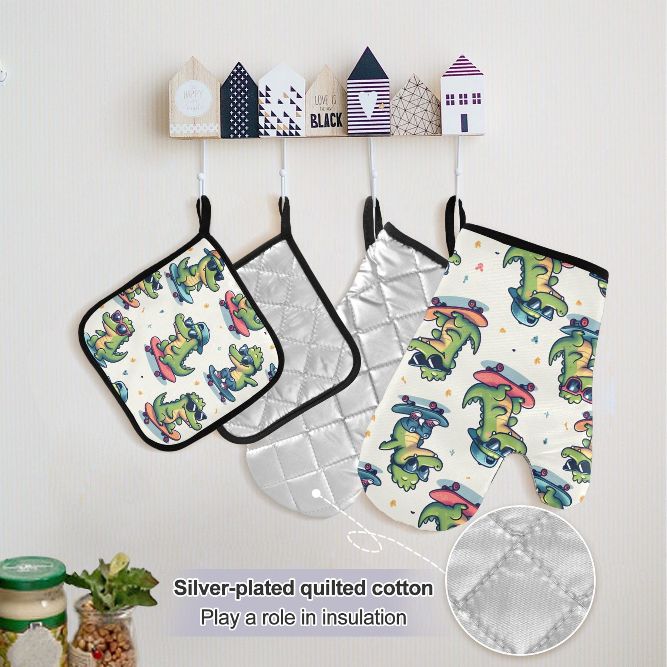 Cool Crocodile with Skateboard 5 Pcs Kitchen Set Heat Resistant Oven Mitts and Non-Slip Pot Holders with Adjustable Cooking Apron