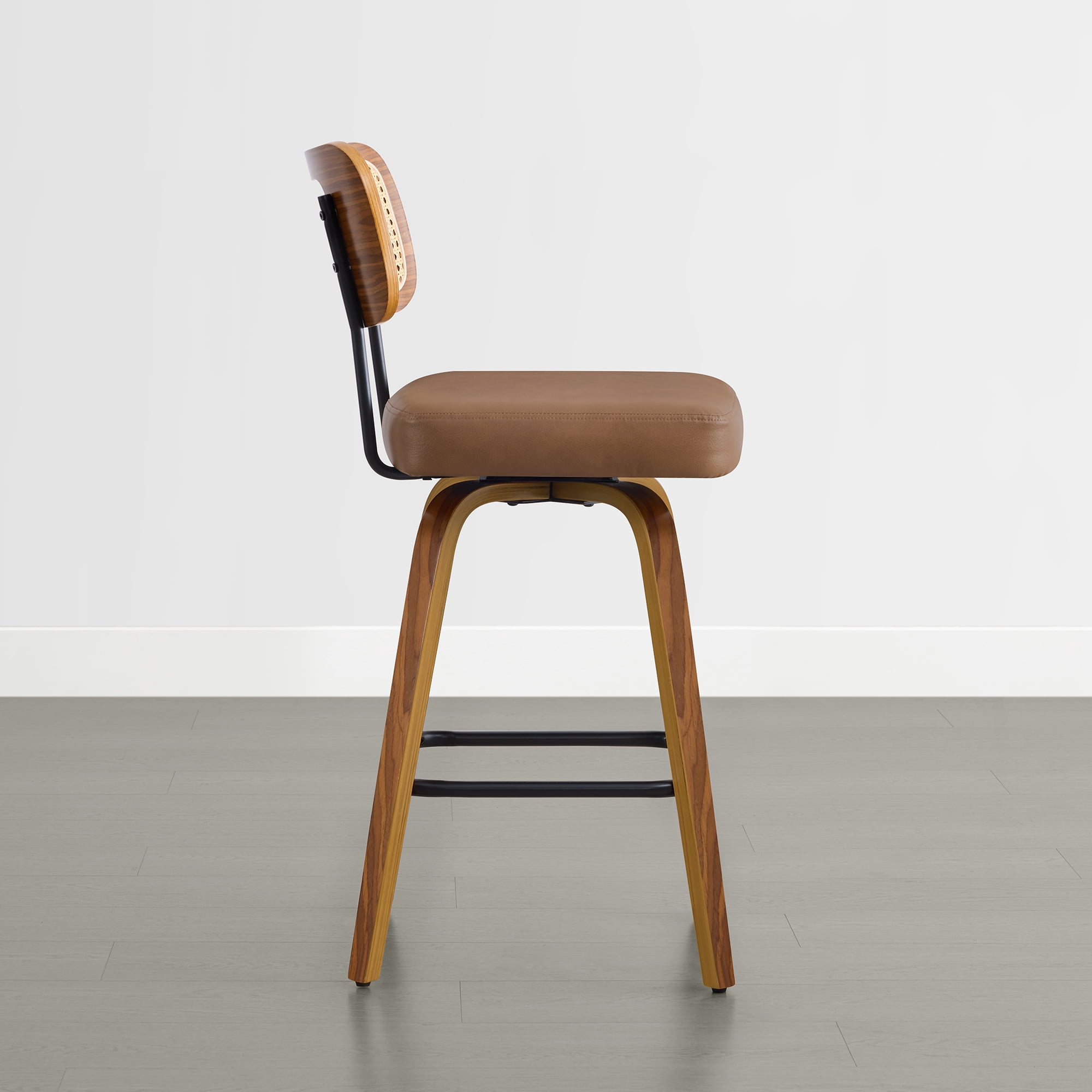 Spruce & Spring 26" Swivel Counter Bar Stool with Walnut Bentwood Frame Set of 2, PE Rattan Back, Brown