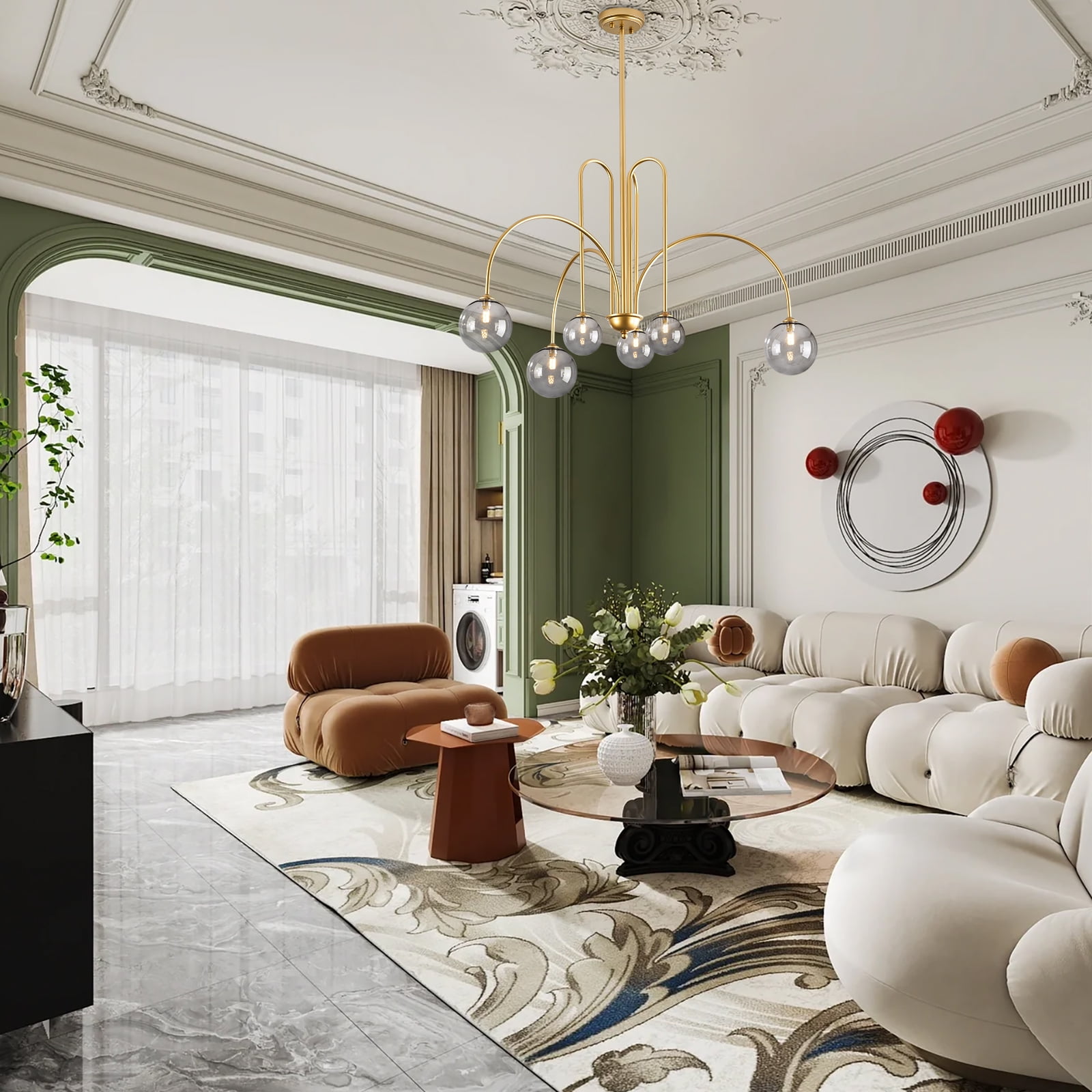 Modern Gold Chandelier, 6 Lights Sputnik Chandeliers Large L40”Mid Century Ceiling Pendant Light Fixtures with Smoke Glass Globe Shades for Living Dining Room Foyer Bedroom