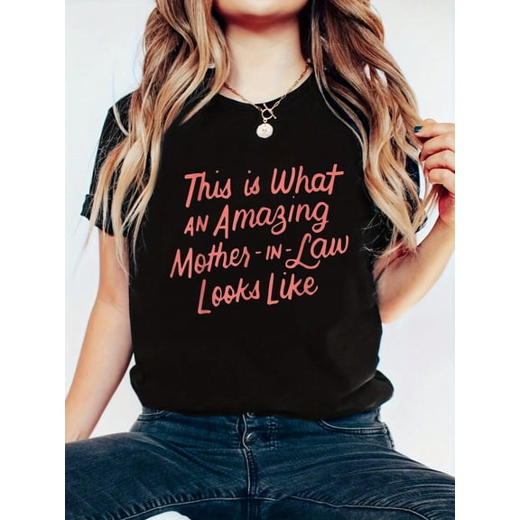 Mom Mothers Day Gift Mother In Law From Daughter Son In Law T-Shirt, 100% Cotton Print Crew Neck T-Shirt, Casual Short Sleeve Top For Spring & Summer, Women's Clothing