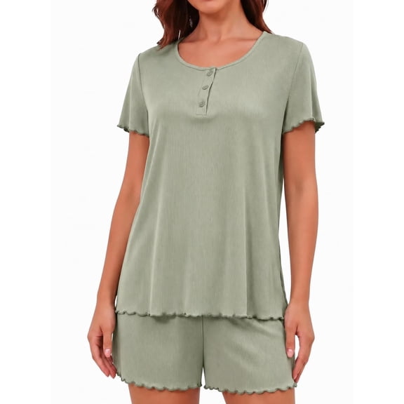 Loritta Womens Pajama Sets Knit Short Sleeve Shorts Lounge Sets Breathable 2 Piece Pjs with Pockets Summer Green S-2XL