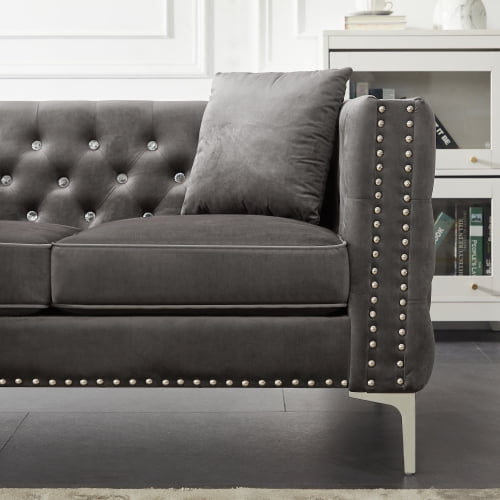 Velvet Sofa Couch Modern Upholstered Couch with Diamand Buttons and Nail Head Trim Mid Century Tufted Sofa with 2 Pillows for for Living Room Bedroom