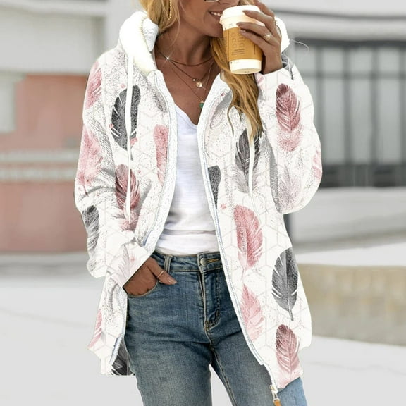 cllios Women's Fuzzy Long Sleeve Hoodies Full Zip Up Drawstring Fleece Tops Warm Feather Pattern Winter Coats with Pockets
