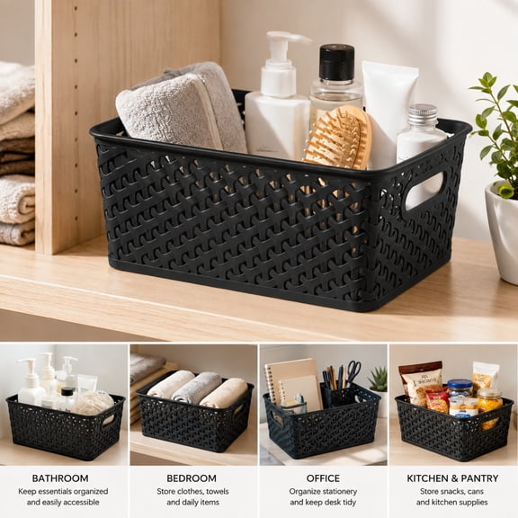 Small Y-Weave Decorative Storage Basket, Stylish Woven Organizer Bin, Compact & Lightweight for Bathroom, Bedroom, Office, Shelves & Everyday Home Organization