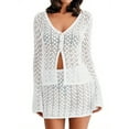 thumbnail image 3 of Womens Crochet 2 Piece Cover Up V Neck Bell Sleeve Button Cardigan Sheer Mesh Beach Mini Skirt Coverup Set, 3 of 5