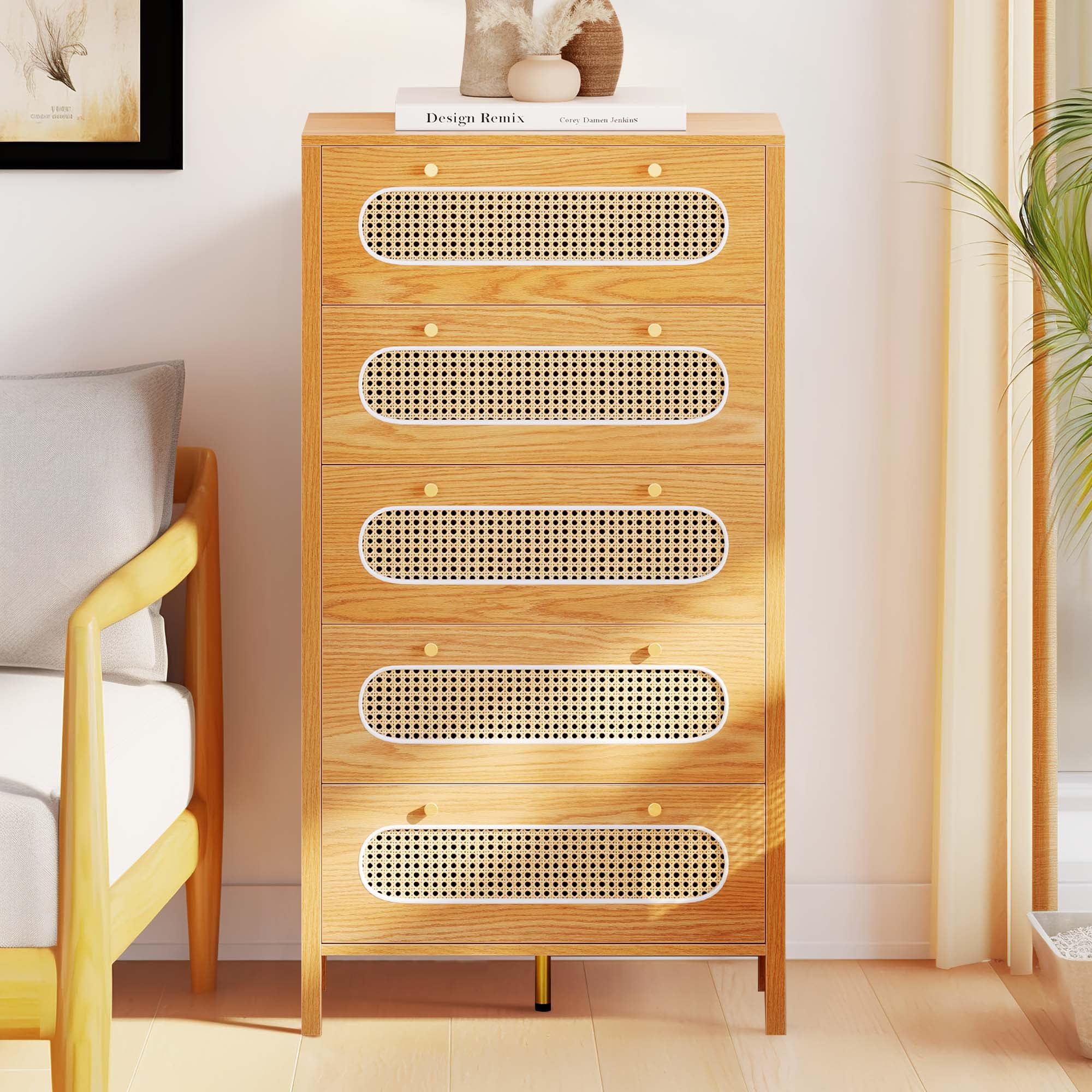 Uforic 5-Drawer Vertical Dresser, Wood Chest of Drawers Storage Cabinet, Natural
