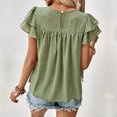 thumbnail image 4 of Blusa verde de manga corta con cuello redondo para un look casual y elegante de verano, talla M Blusa con estampado de lunares y volantes, 4 of 6