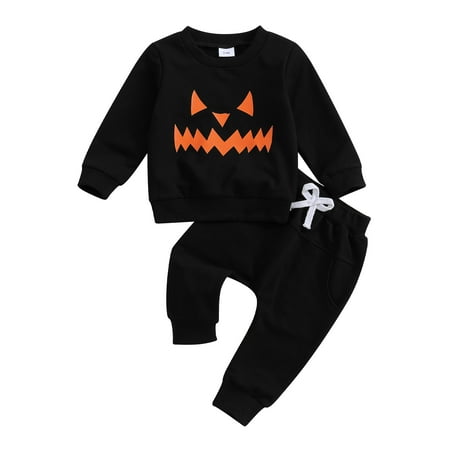 

Toddler Baby Boy Girl Halloween Outfit Pumpkin Face Sweatshirt Tops Casual Pants Set Fall Winter Holiday Clothes