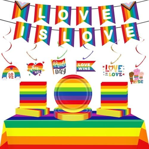 LGBT Pride Day Tableware, Rainbow Party Supplies Include Banner Hanging Swirls Plates Napkins Tablecloth LGBT Rainbow Gay Pride Pride Heart for Indoor Outdoor Party Decor(Tableware). Home Decor, Etc.