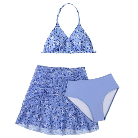 WEAIXIMIUNG Maillot de Bain pour Filles 12-14 avec Coussinets de Soutien-Gorge Enfants Filles Été Vacances Mode Imprimé Floral 3 Pcs Jupe de Maillot de Bain Bikini de Plage pour Enfants Pâques 9-10 Ans