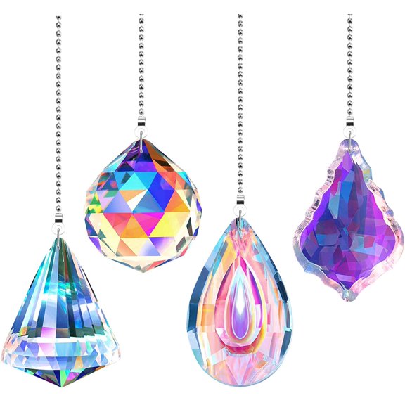 4 Pieces Crystal Ceiling Fan Pull Chain Rainbow Pull Chain Extension with Connector for Bathroom Toilet Light Ceiling Light Fan (Longan, Round, Polygon, Quadrilateral)