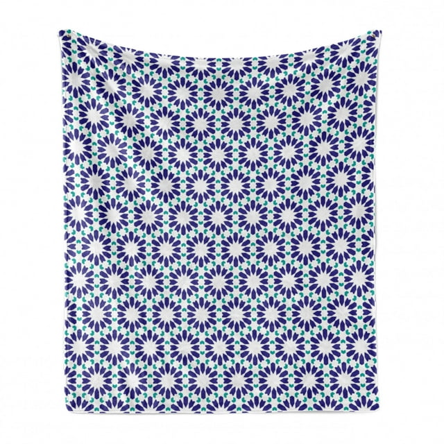 Mosaic Soft Flannel Fleece Blanket, Classic Moroccan Portuguese Style Hexagons Geometric Repetition, Cozy Plush for Indoor and Outdoor Use, 70" x 90", Indigo Dark Seafoam and White, by Ambesonne