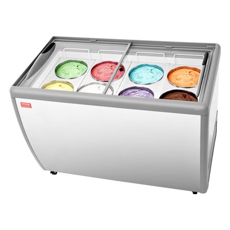 VEVOR Commercial Ice Cream Display Case, 13.1 Cu.ft Chest Freezer, Restaurant Gelato Dipping Cabinet Top Deep Freezer with Locking Casters, Sliding Glass Door, LED Lighting, Hold 8 Ice Cream Tubs