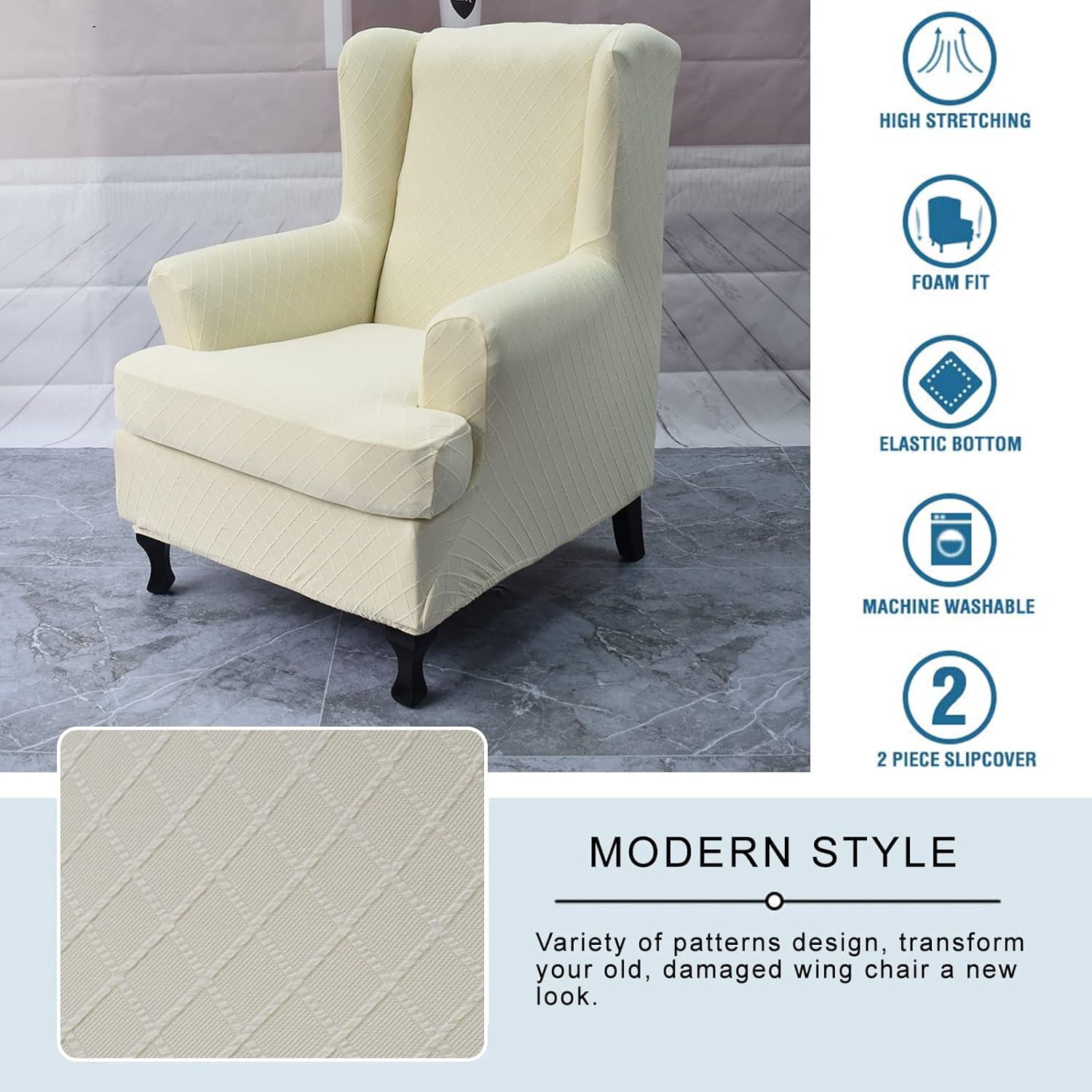 CHUNTIAN Wingback Chair Covers Slipcovers 2 Piece Stretch Wing Chair Covers Spandex Slipcovers Wingback Sofa Covers Armchair Covers Non-Slip Furniture Protector for Living Room Wingback Chairs, A13