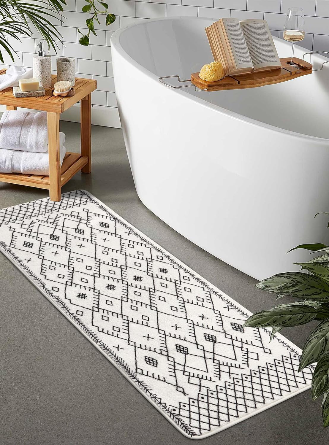 Bathroom Runner Rug 20x59 inch Boho Long Mat Non-Slip Moroccan Geometric Farmhouse Rug Soft Microfiber Machine Washable Floor Mats for Bath Tub Sink Hallway Laundry Room