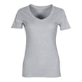 thumbnail image 5 of Women's Short Sleeves Ribbed Fitted Shirt Basic V Neck Slim T Shirt Tops Gray L, 5 of 6