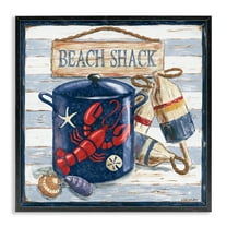 Stupell Industries Beach Shack on Stripes Nautical & Beach Painting Black Framed Art Print Wall Art, 24 x 24