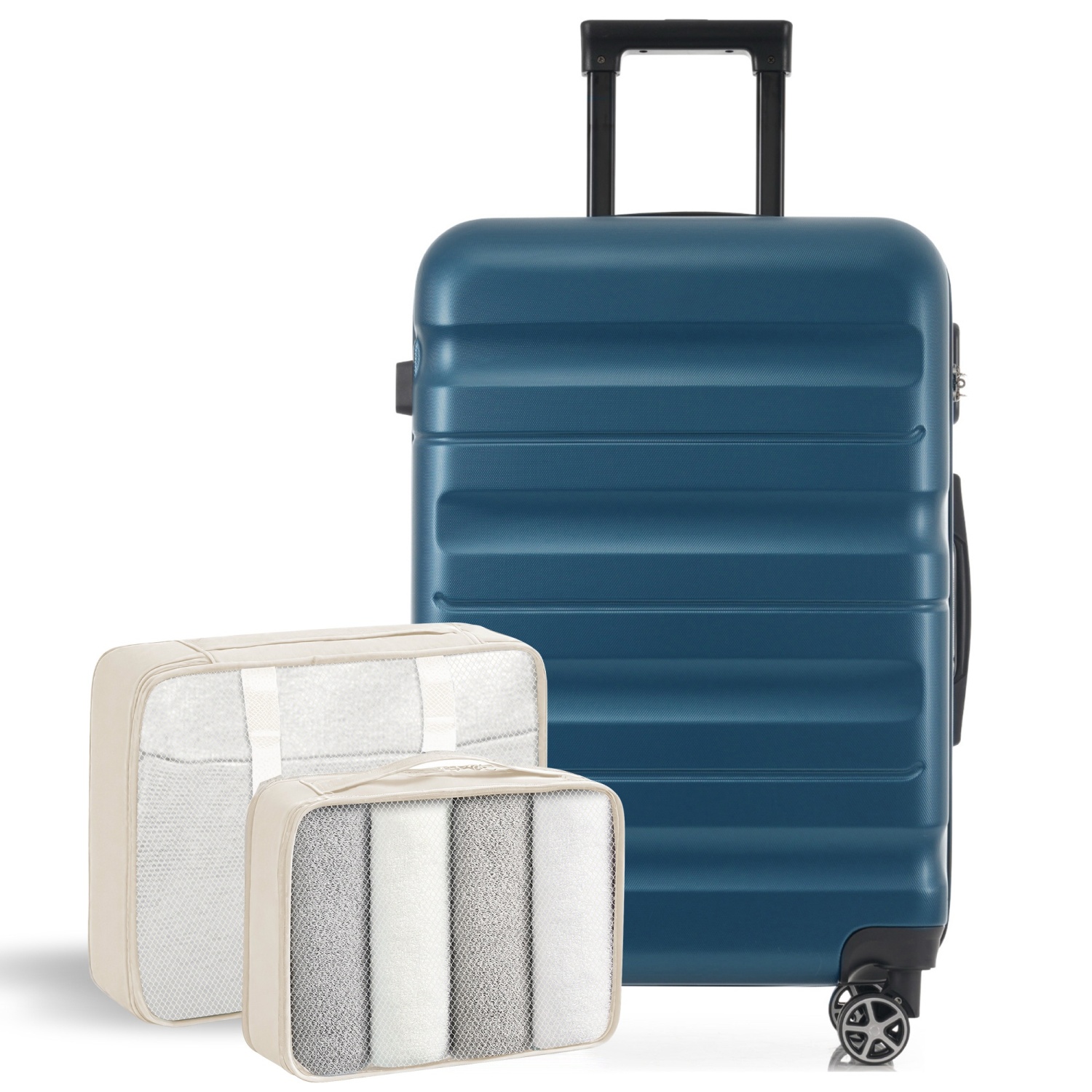 Lisonu 3-Piece Luggage Set, 24-Inch Hardside Checked Suitcase with 8 Spinner Wheels and 2 Packing Cubes, Lightweight ABS Travel Luggage, Inky Blue