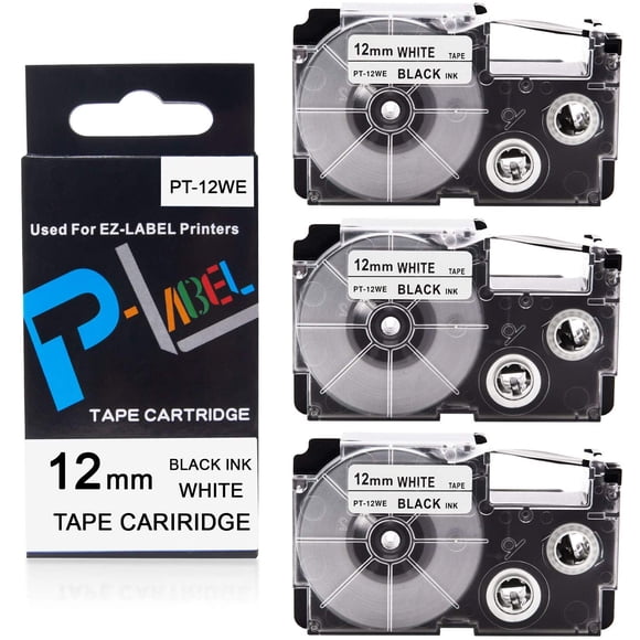 Pristar Replacement Tape for Casio XR-12WE XR12WE XR-12WE2S Labeling Tape 12mm x 8m for Casio EZ Label Maker KL-60