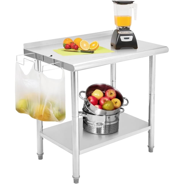 Table de Travail en Acier Inoxydable NSF 48x24 Po avec Tablette Inférieure Réglable et Support à Déchets, Table de Préparation Commerciale Robuste pour Cuisine, Restaurant, Garage, Maison