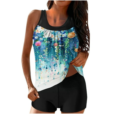 MSJUHEG Tankini with Skirt Plus Size Swimsuit for Women Bathing Suit Tops for Women Floral Breast Top Two Piece Bikini Set Bathing Suit Tops for Women Bathing Suit Tops for Women Light Blue 1 S