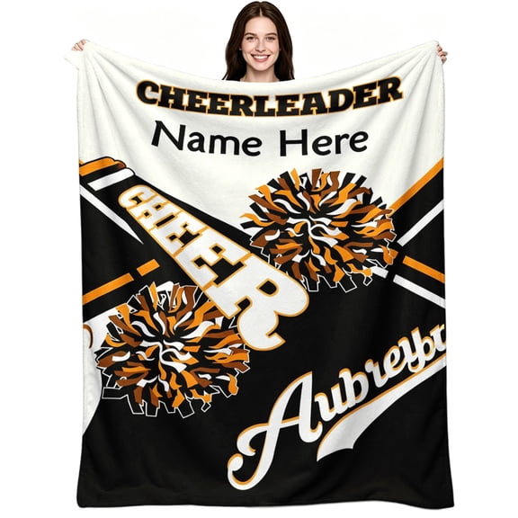 Custom‑Name Black‑Orange Cheer‑Team Flannel Throw Blanket, Stylish Cheerleading Theme, Soft Cozy Warm, Perfect Gift for Cheerleaders & Cheer Lovers