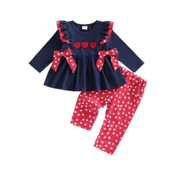 BemeyourBBs Toddler Baby Girl Valentines Day Outfit Bows Love Heart Pattern Ruffled Trim Long Sleeve Tunic Shirt Tops and Pants Set 2 Pcs Spring Clothes
