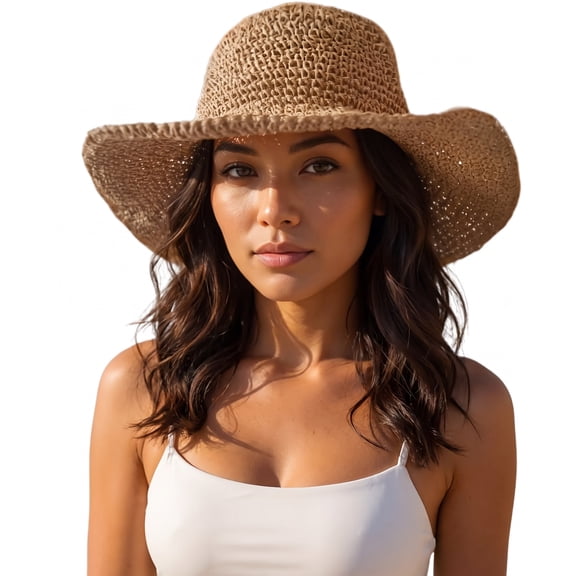Wide Brim Straw Sun Hat for Women, Foldable Packable Big Beach Hats, UPF 50 Summer Travel Fedora with Adjustable String (M, Khaki)