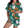 thumbnail image 2 of Green Halloween Pajamas Women Silk Imitation 2026 Cute Satin Ghost Pumpkin Print Short Sleeve Button Top and Shorts Matching Sleepwear XL, 2 of 4