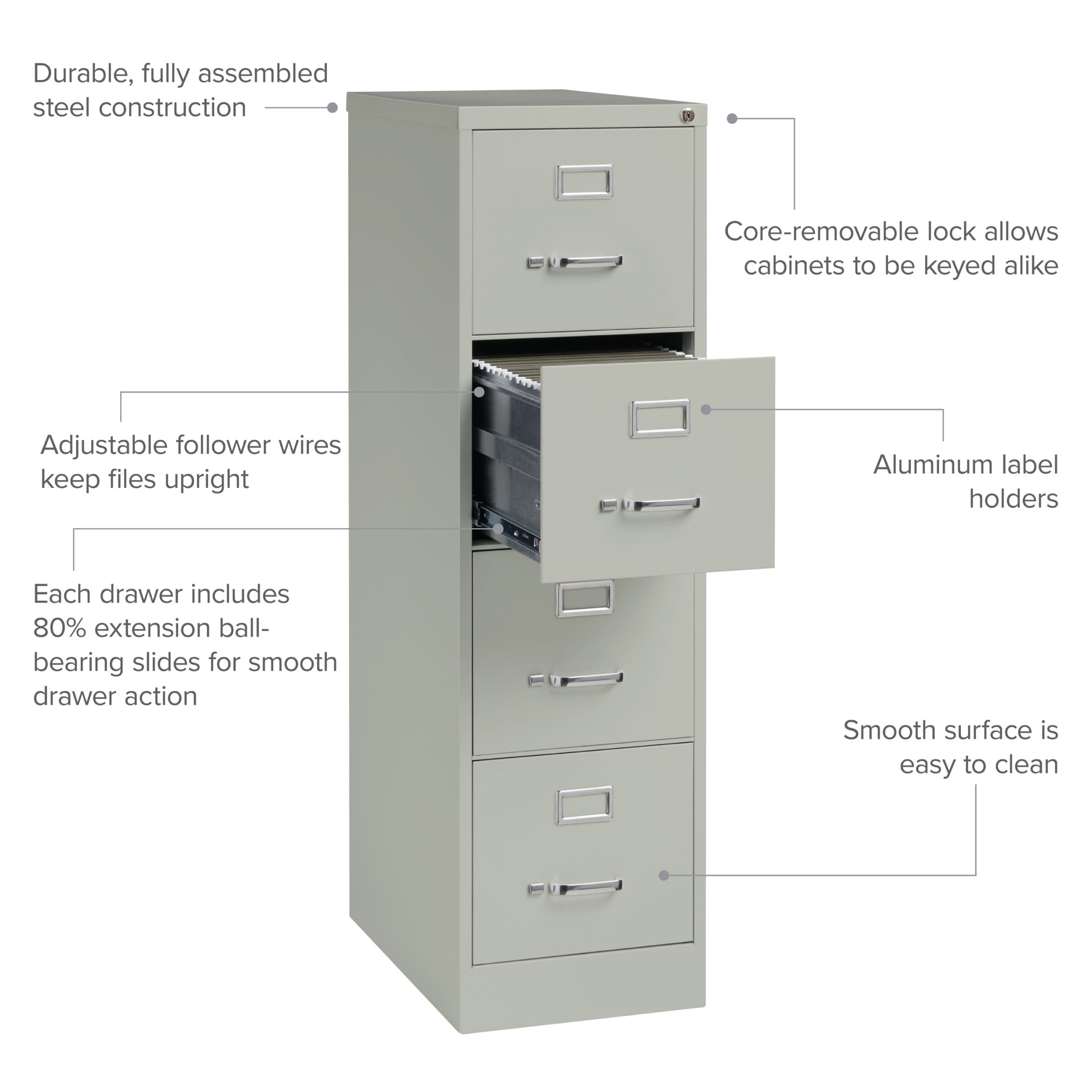 Hirsh Pro 4 Drawer Letter Locking Metal Vertical File Cabinet, 25" Deep, Gray