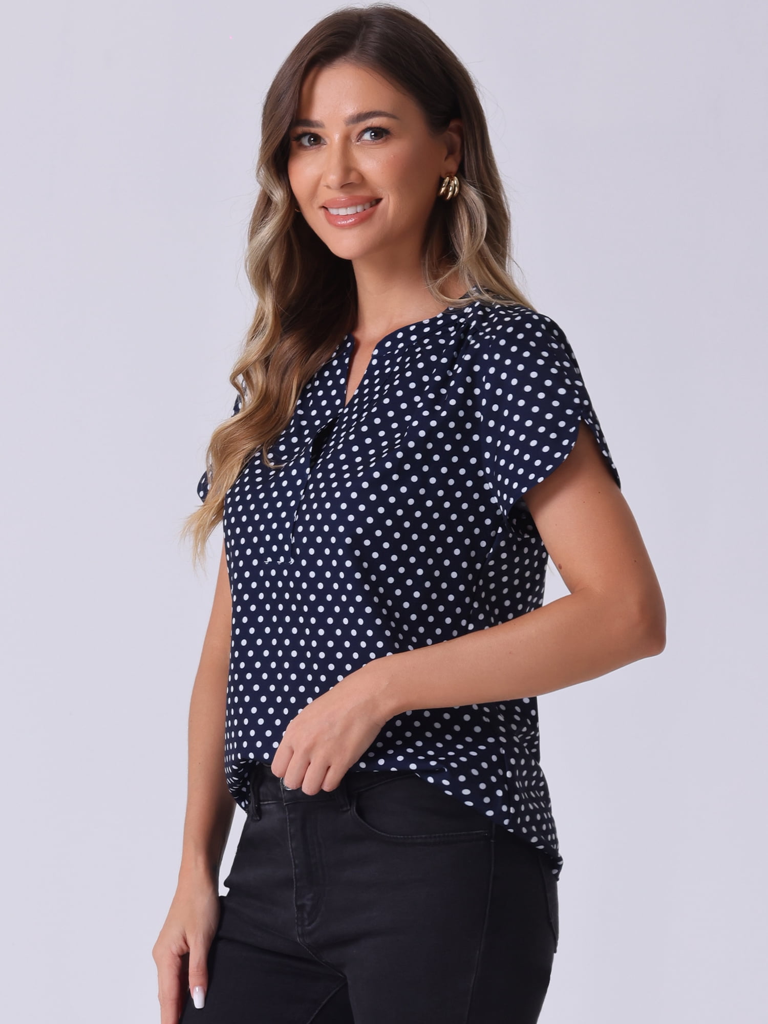 DARING DIVA V Neck Dots Printed Work Office Blouse Top M Dark Blue