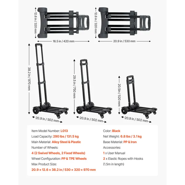 Folding Hand Truck with 290lbs Capacity,Collapsible Luggage Cart,4 Wheels,2 Elastic Ropes,Expandable Base for Travel and Moving,Black