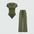 thumbnail image 5 of Women's Ribbed Two Piece Set, Square Neck Crop Top and High Waist Wide Leg Pants Set, Casual Summer Outfit with Side Pockets, Fashion Two Piece Outfit for Going Out Outfits Army Green, 5 of 8