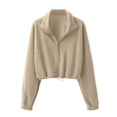 thumbnail image 7 of KHONTS Women's Full Zip Short Jacket Warm Winter Long Sleeve Stand Collar Sherpa Crop Coat Khaki M, 7 of 7