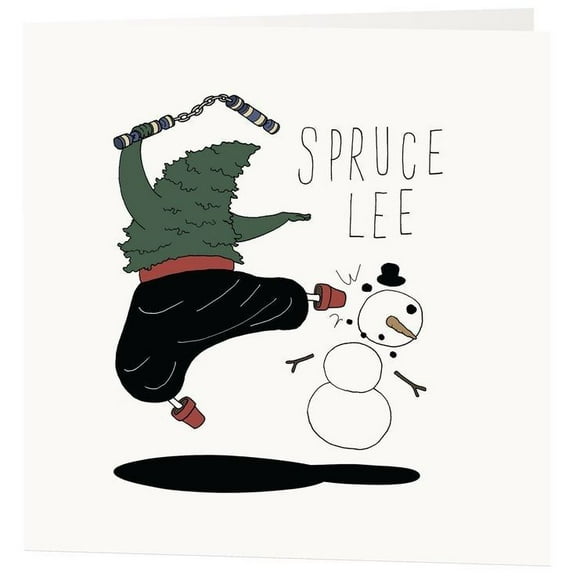 Funny Holiday Card - "Spruce Lee" Tree Character Kicking Snowman - Blank Inside, Envelope Included - Perfect for Christmas, Winter Greetings, and Fun Occasions