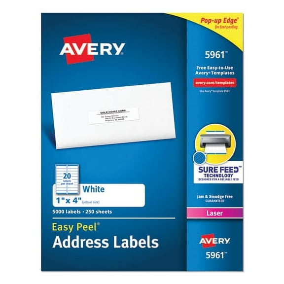 Avery Easy Peel White Address Labels w/ Sure Feed Technology, Laser Printers, 1 x 4, White, 20/Sheet, 250 Sheets/Box (5961)