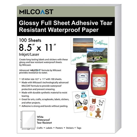 Tear Resistant Paper Milcoast Glossy Full Sheet 8.5 x 11 Adhesive Tear Resistant Waterproof Photo Craft Paper - for Inkjet/Laser Printers - for Stickers, Labels, Scrapbooks, Bottles, Arts, Crafts (100 Sheets) ()