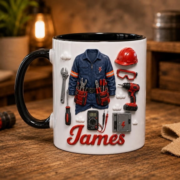 Personalized Electrician Mug, Custom Electrician Coffee Cup, Tool Worker Gift, Father’s Day Gift for Dad, Birthday Gift for Him