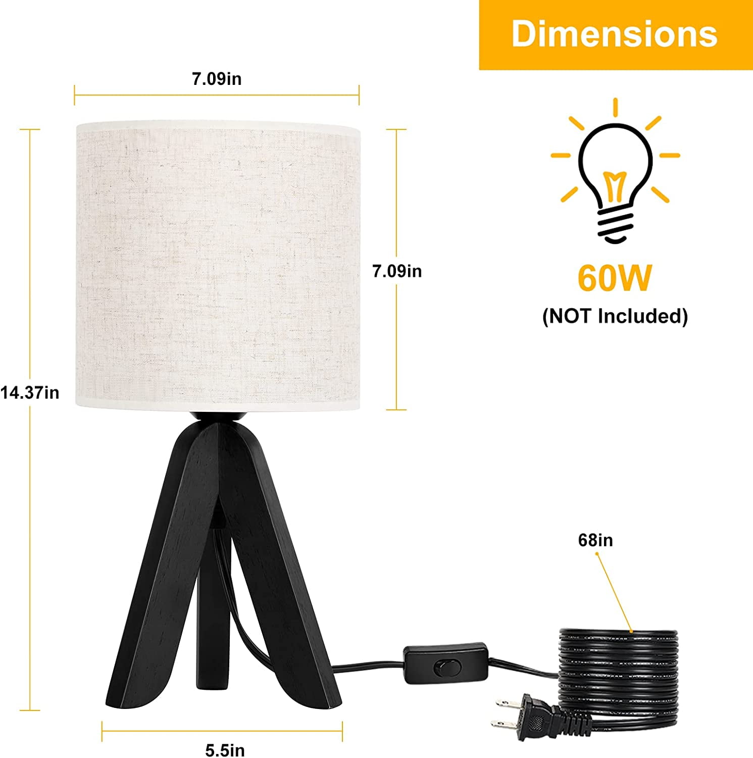 Small Table Nightstand Lamp with Black Wooden Tripod Base, Linen Shade